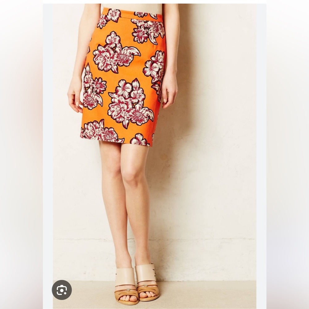Anthropologie Maeve Salinas Orange Floral Pencil Skirt Size 6